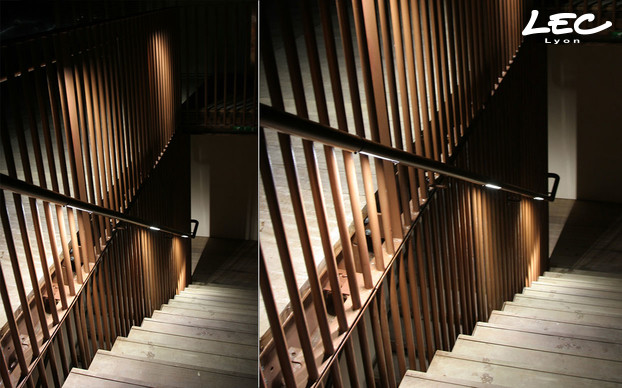 <p>The 5640-School-light recessed linear spotlight is embedded into the handrail of both the staircase "Pergola des Ombres" and on the Saint-Laurent footbridge.</p>
