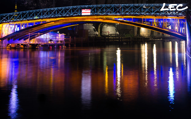 <p>The bridge's underside is up-lit with 12 linear projectors 5633-Arches in amber along with its central part that is up-lit with 6x 5633-Arches projectors in blue. Different optics are used for all the projectors.</p>
